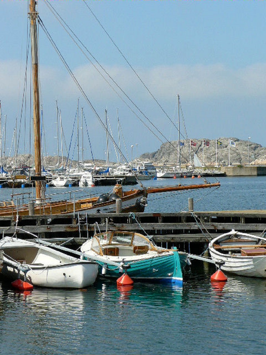A serene marina scene featuring several boats docked at a pier, with a backdrop of sailboats and a rocky shore under a clear blue sky.