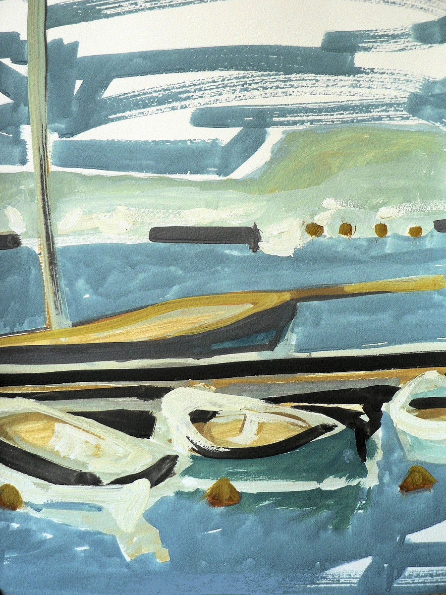 Abstract gouache painting depicting boats moored in blue water, with visible brush strokes and a soft color palette.
