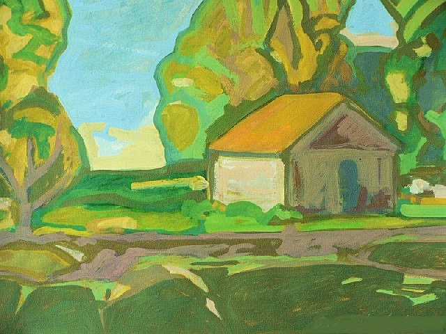 A colourful painting depicting a small house with an orange roof surrounded by lush green trees and a blue sky.