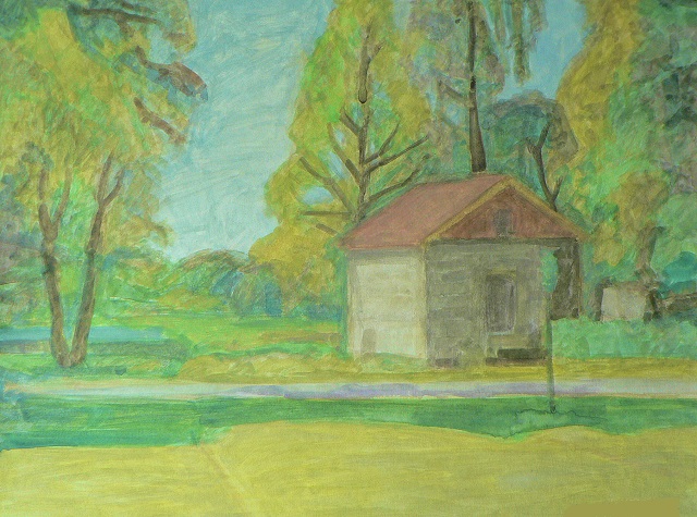 A gouache painting of a small, rustic house surrounded by lush green trees and grassy areas under a bright blue sky.