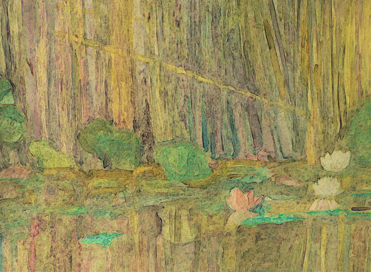 A serene landscape featuring a tranquil pond with water lilies, surrounded by lush greenery and tall trees, in an impressionistic style.