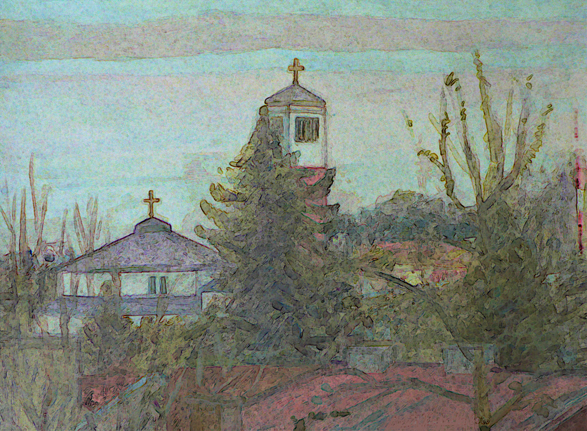The gouache depicts the Sanctuary of Saint John Paul II in Kraków in Poland, with trees and a subdued sky.