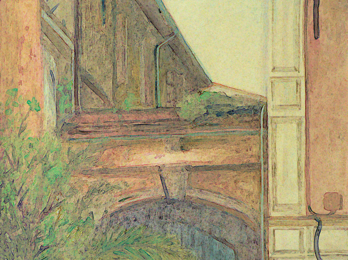 A serene painting depicting an architectural scene with soft colors, featuring a building's roof and walls partially obscured by greenery, conveying a tranquil atmosphere.