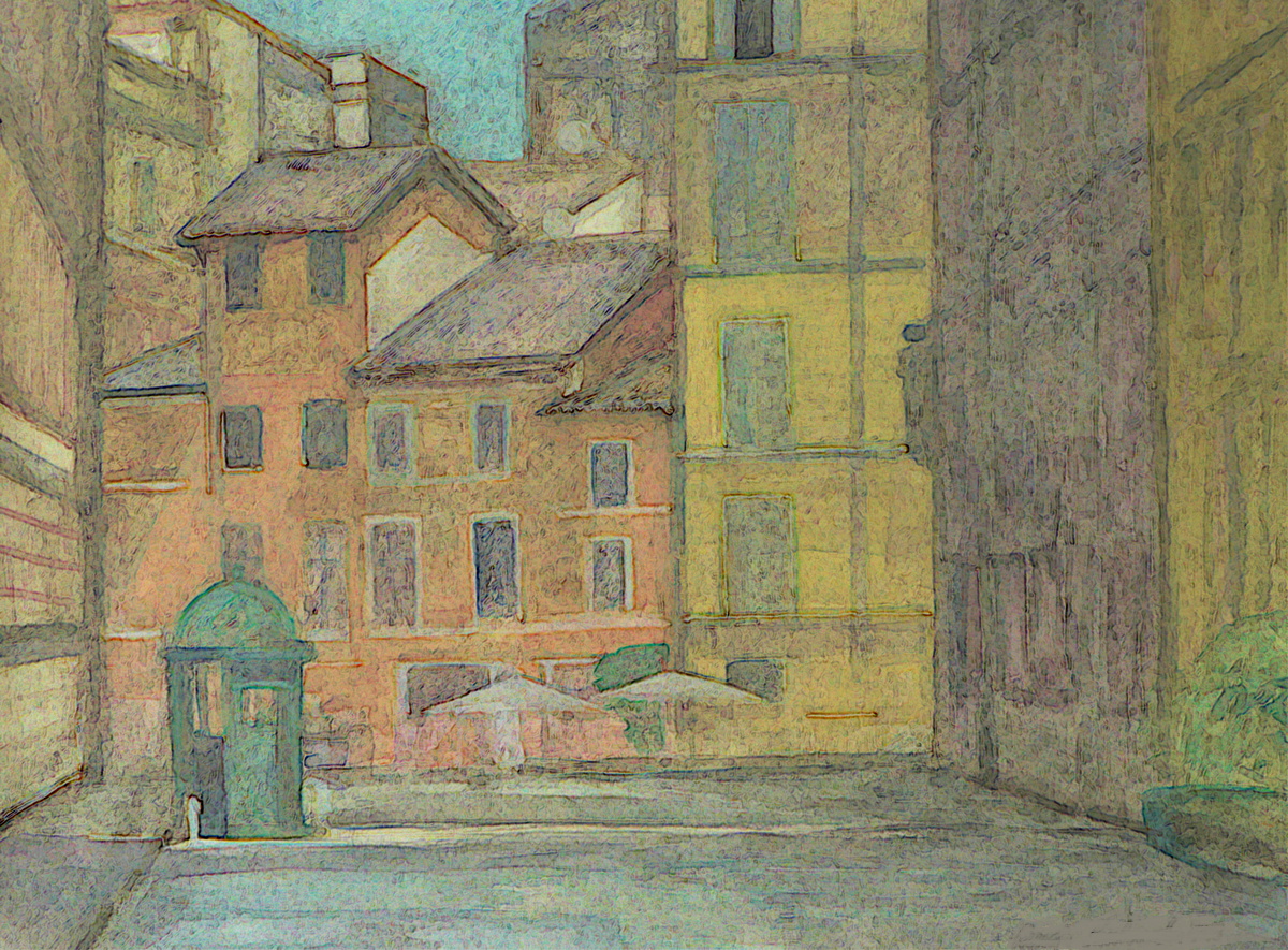 An artistic depiction of a street scene featuring colorful buildings, a green kiosk, and a clear blue sky.