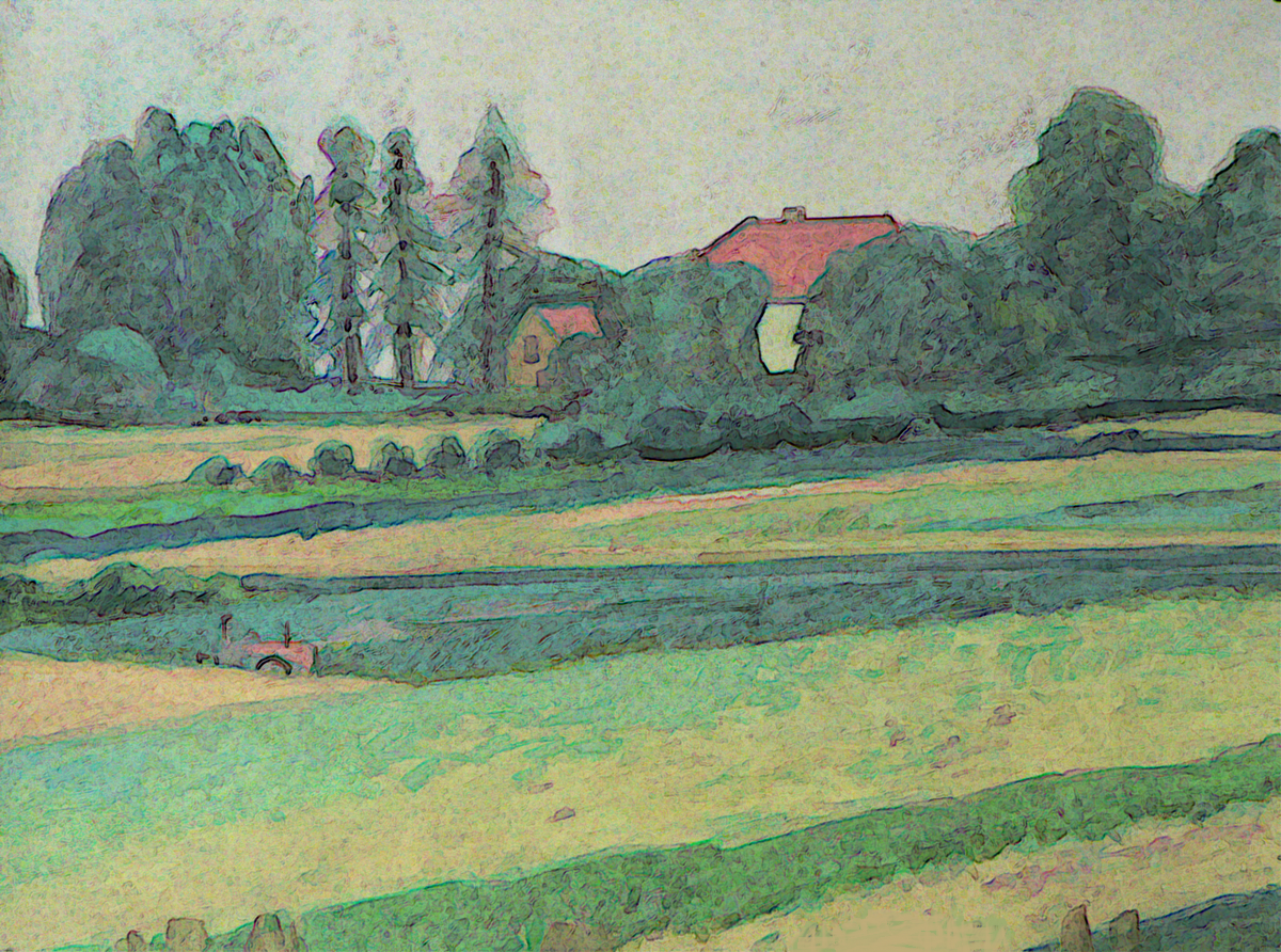 A colorful, impressionistic representation of a rural landscape featuring fields, trees, and a small house in the background.