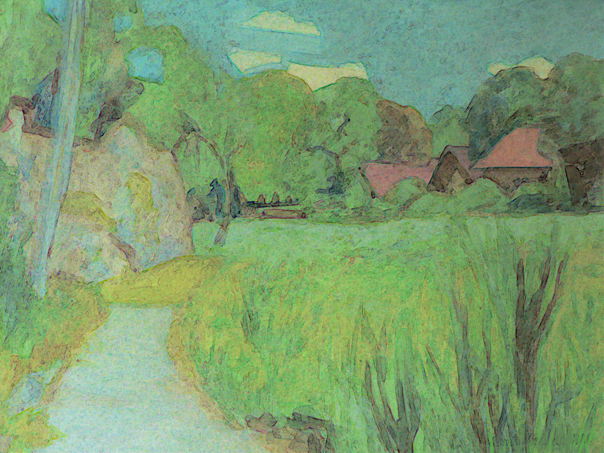 A serene landscape depicting a winding path through lush greenery, dotted with trees and a few distant houses under a cloudy sky.