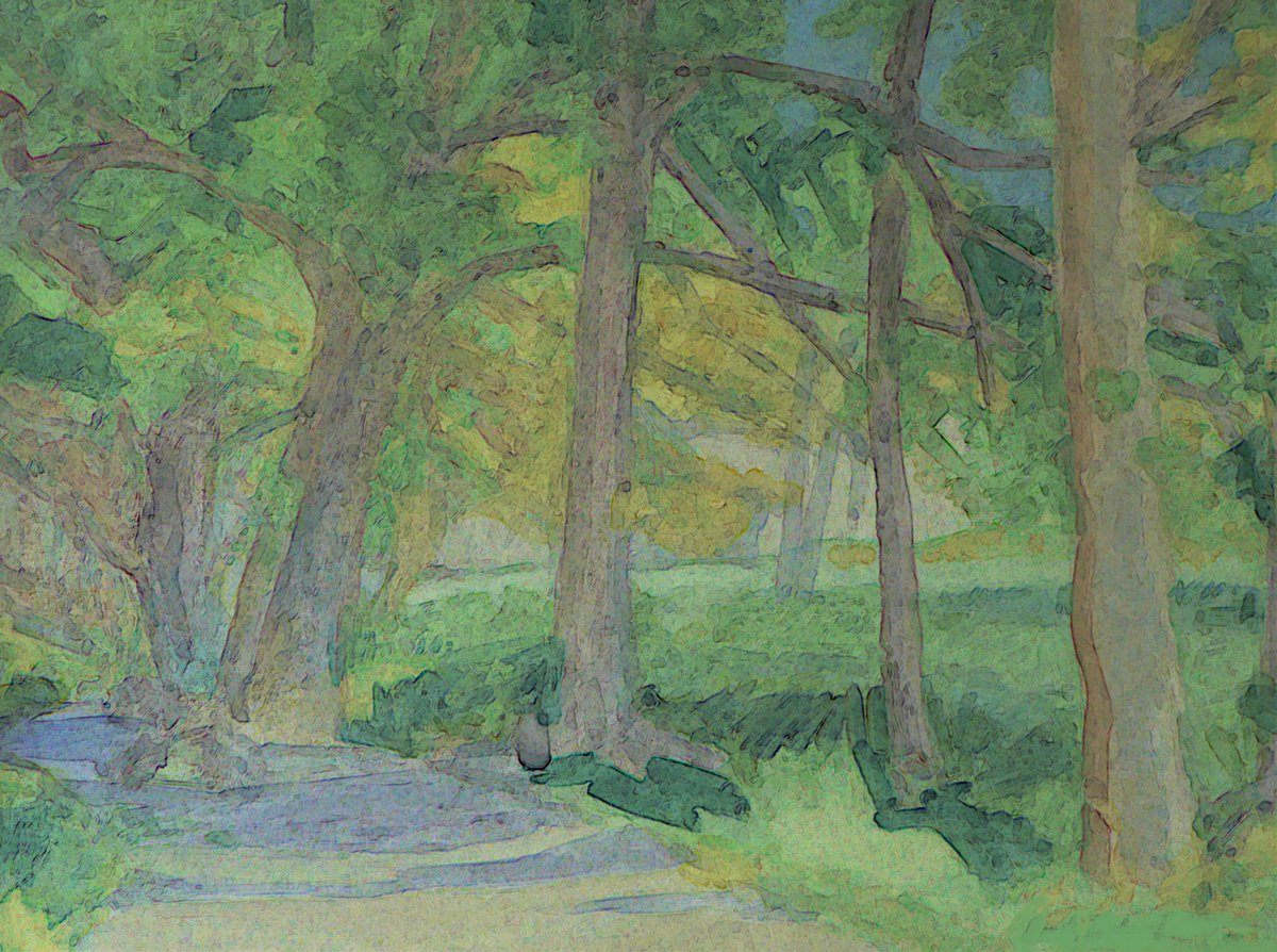 A colorful impressionist painting of a forest path lined with trees and lush greenery.