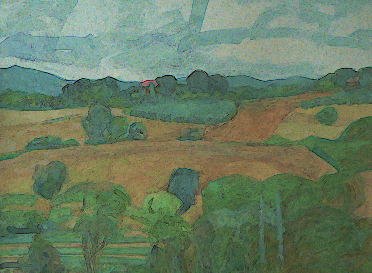 A stylized landscape painting featuring rolling hills, lush greenery, and a cloudy sky.