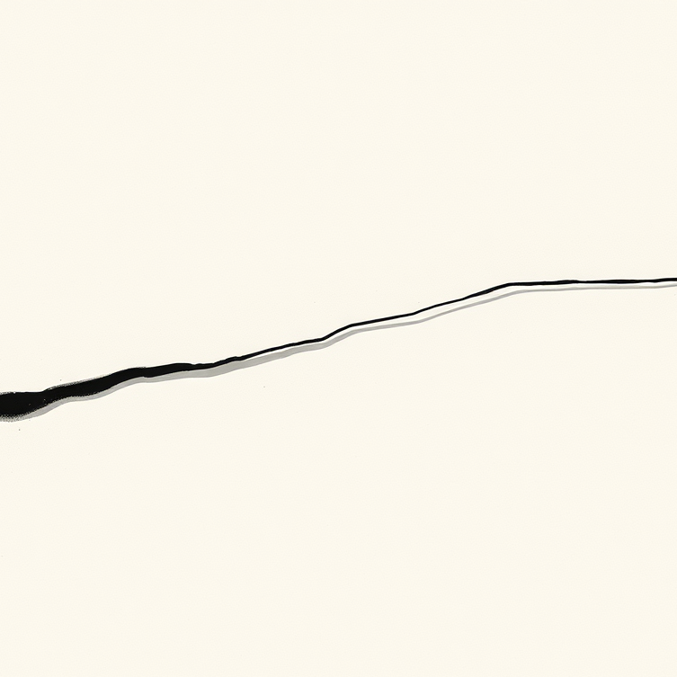 A minimalist abstract line drawing featuring a black line on a light beige background.