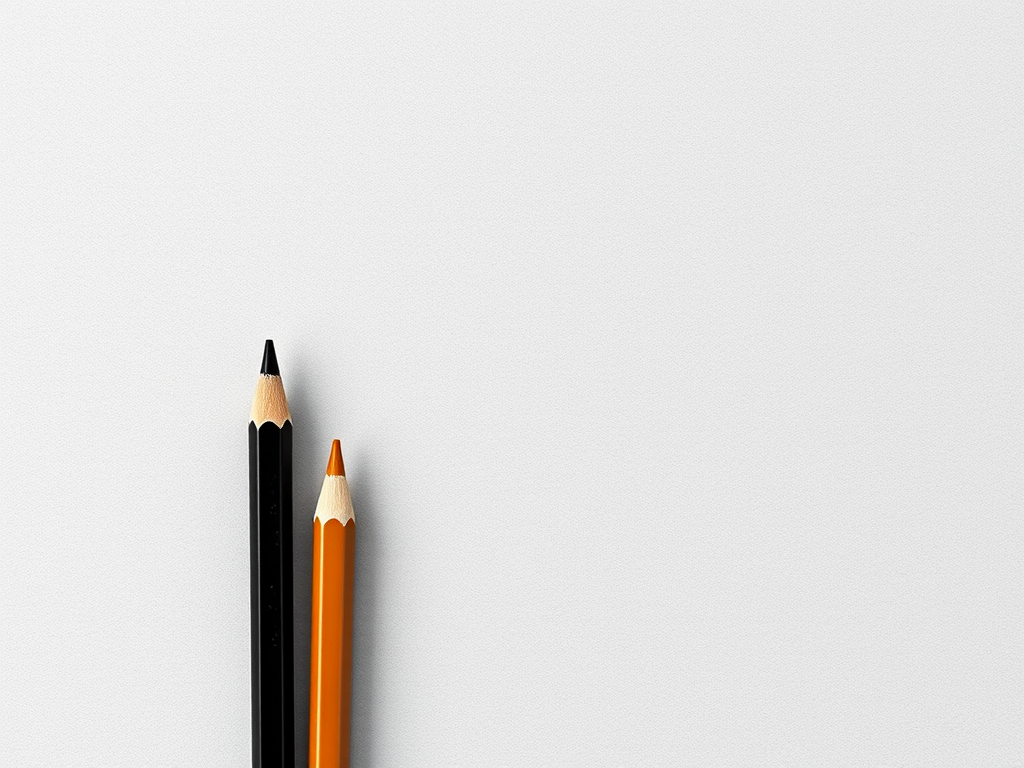 Two coloured pencils, one black and one orange, resting on a blank white surface.