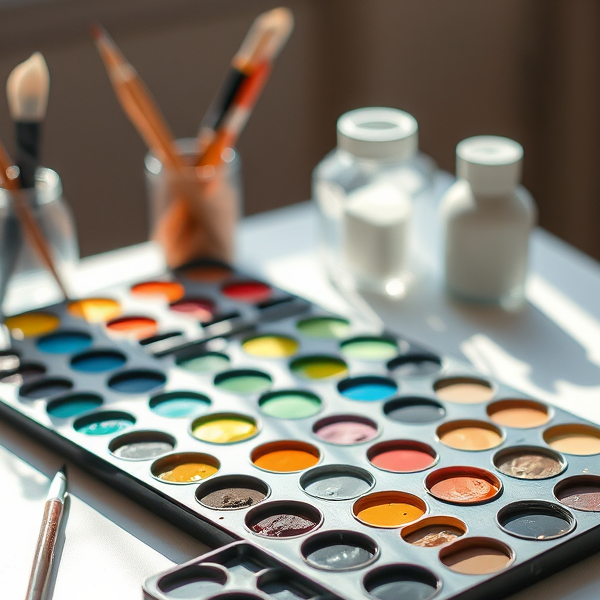 A simple photograph showing a palette with watercolour paints.