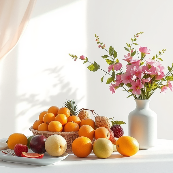 A vibrant arrangement of various fruits including oranges, apples, pears, and melons displayed on a light surface, accompanied by a decorative vase of pink flowers.