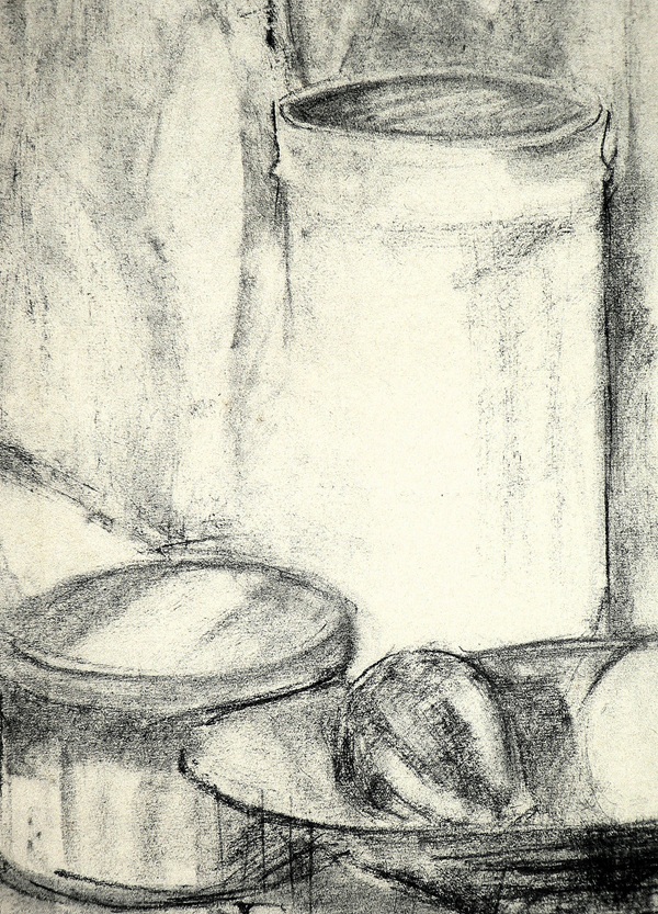 A black and white sketch with charcoal of two containers and an apple on a plate, showcasing shading and texture.