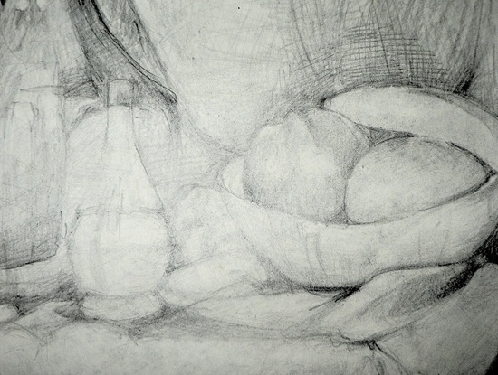 A pencil sketch depicting a still life arrangement with two fruit in a bowl and a glass bottle.