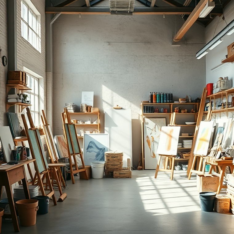 A bright and organized art studio with easels, shelves of art supplies, and natural light streaming through large windows.