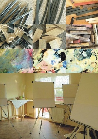 A collage of art supplies including drawing tools and pastels, along with an image of easels set up in a well-lit studio space.