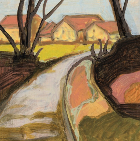 A winding dirt path surrounded by trees, leading toward a horizon with houses and fields under a clear sky.