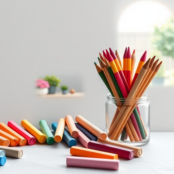 A collection of colored pencils and crayons arranged around a glass jar, with a soft-focus background featuring potted plants.