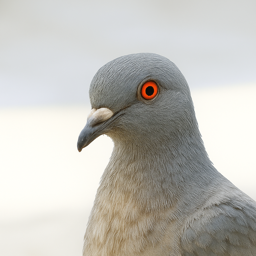Close-up of a pigeon with gray feathers and striking orange eyes.