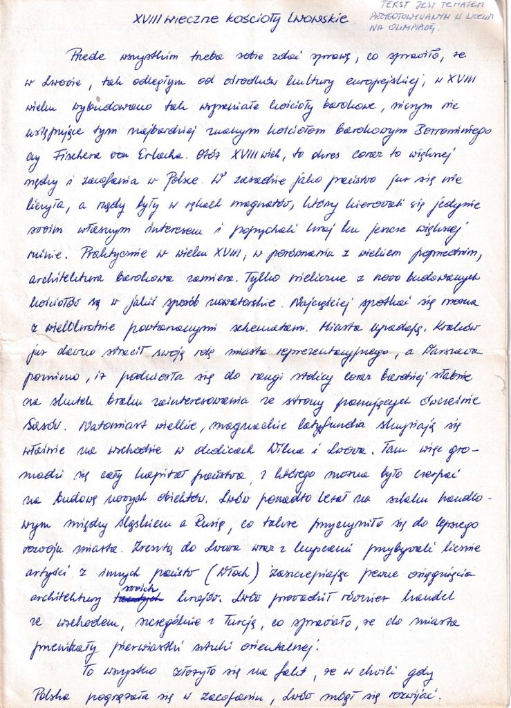 A handwritten page of text in Polish discussing 18th-century church architecture, cultural influences, and notable figures in the context of European history.