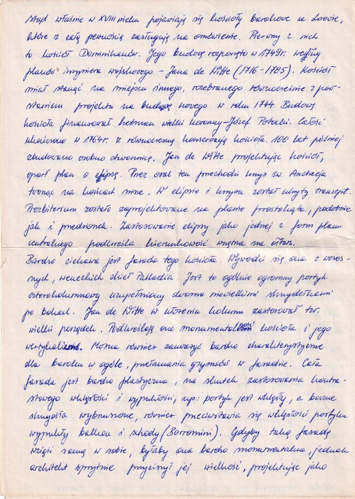 A handwritten page of text in Polish discussing architectural history, specifically about Baroque architecture and a historical figure's reports from the 17th century.