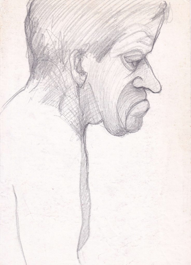 Half-figure, pencil drawing on paper.