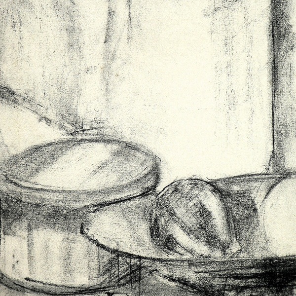 A fragment of a still‑life drawing made with drawing charcoal on paper.